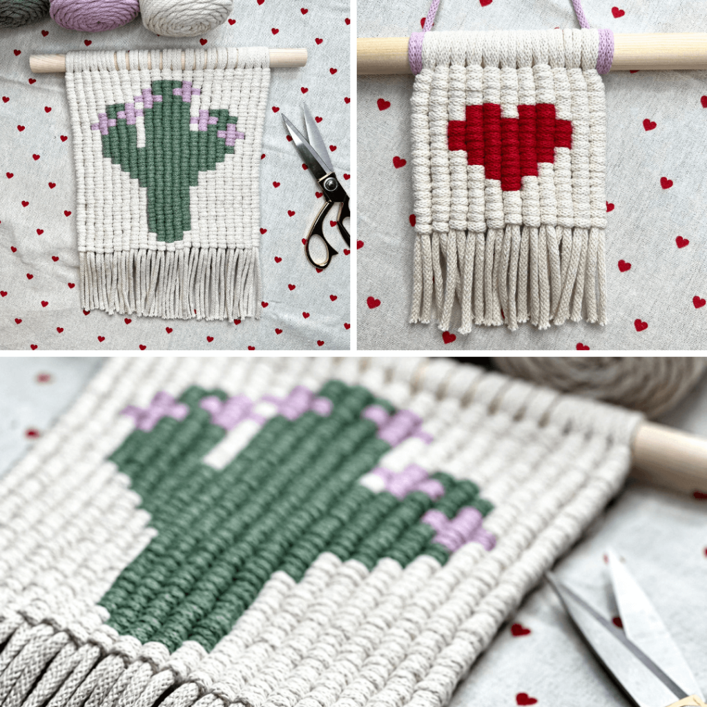 Makrama wykonana techniką pixel art: serce i kaktus.