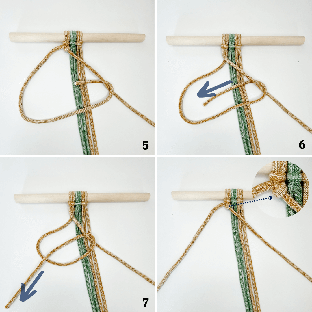 Instrukcja graficzna jak zrobić węzeł żebrowy, kroki 5-7