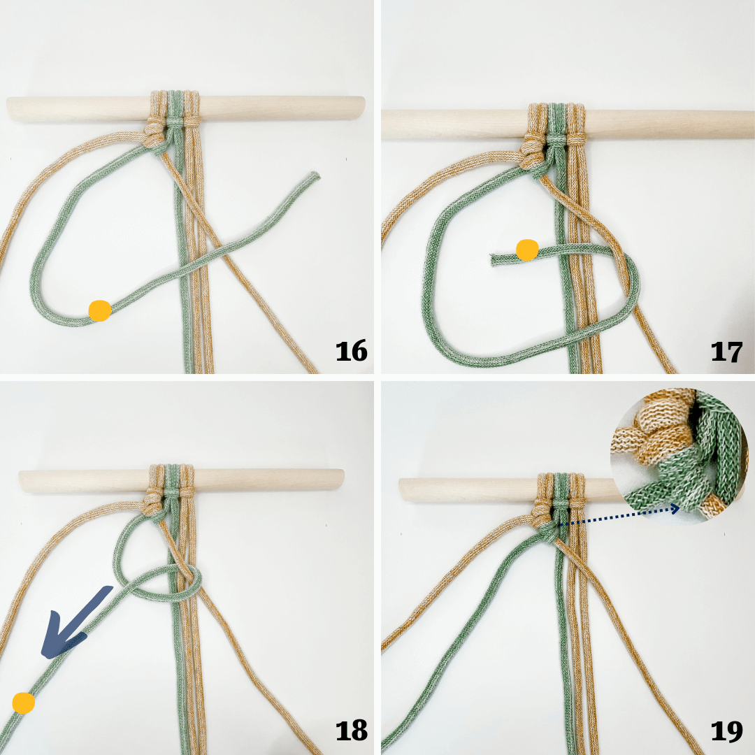 Instrukcja graficzna jak zrobić węzeł żebrowy, kroki 16-19